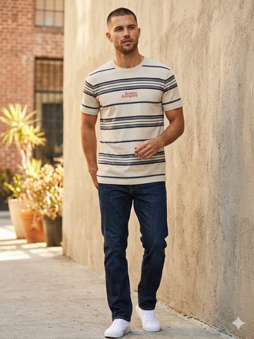 Men's Brixton Striped Short Sleeve Tee Shirt Beige Black Size S